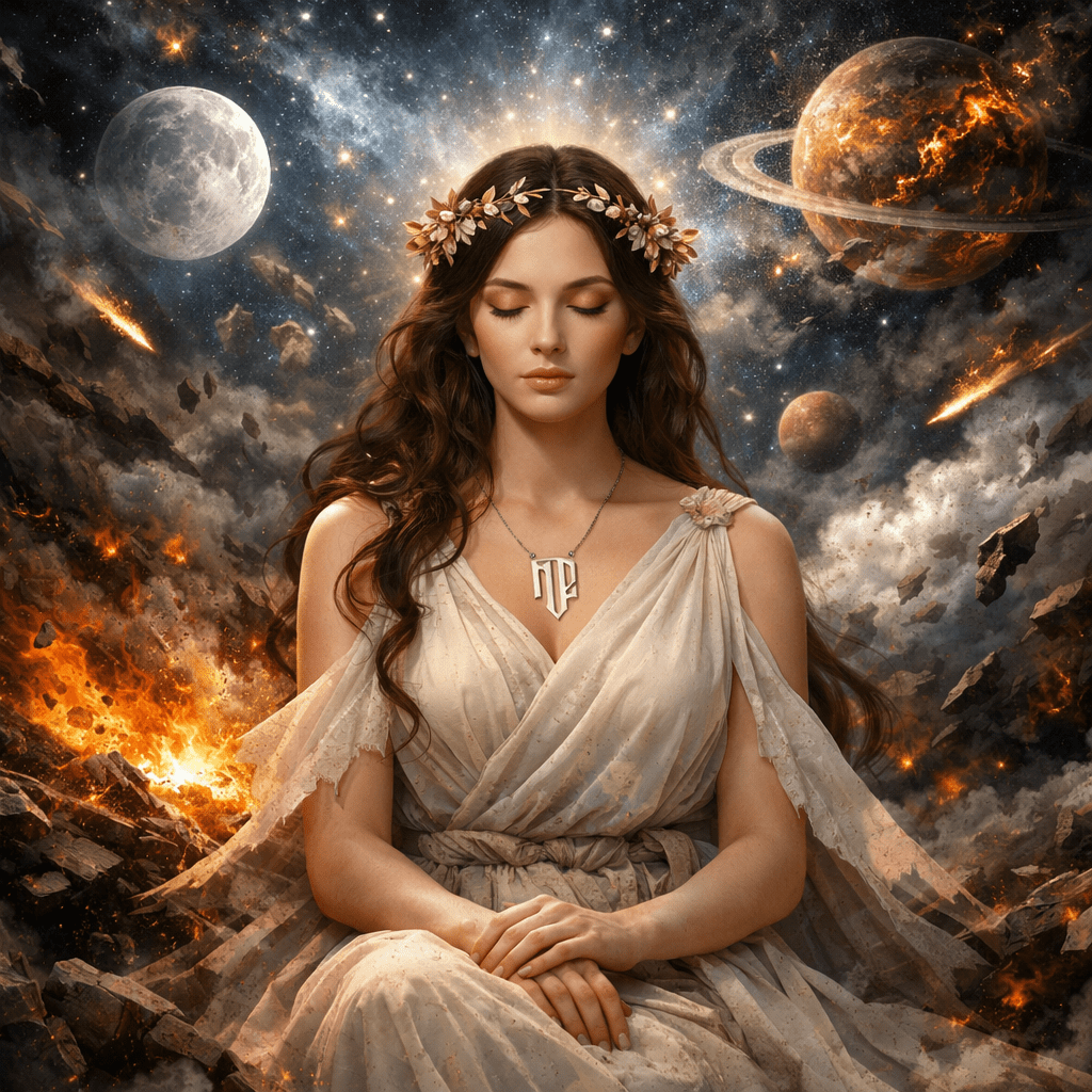 Woman in flowing dress meditating with planets and stars in background