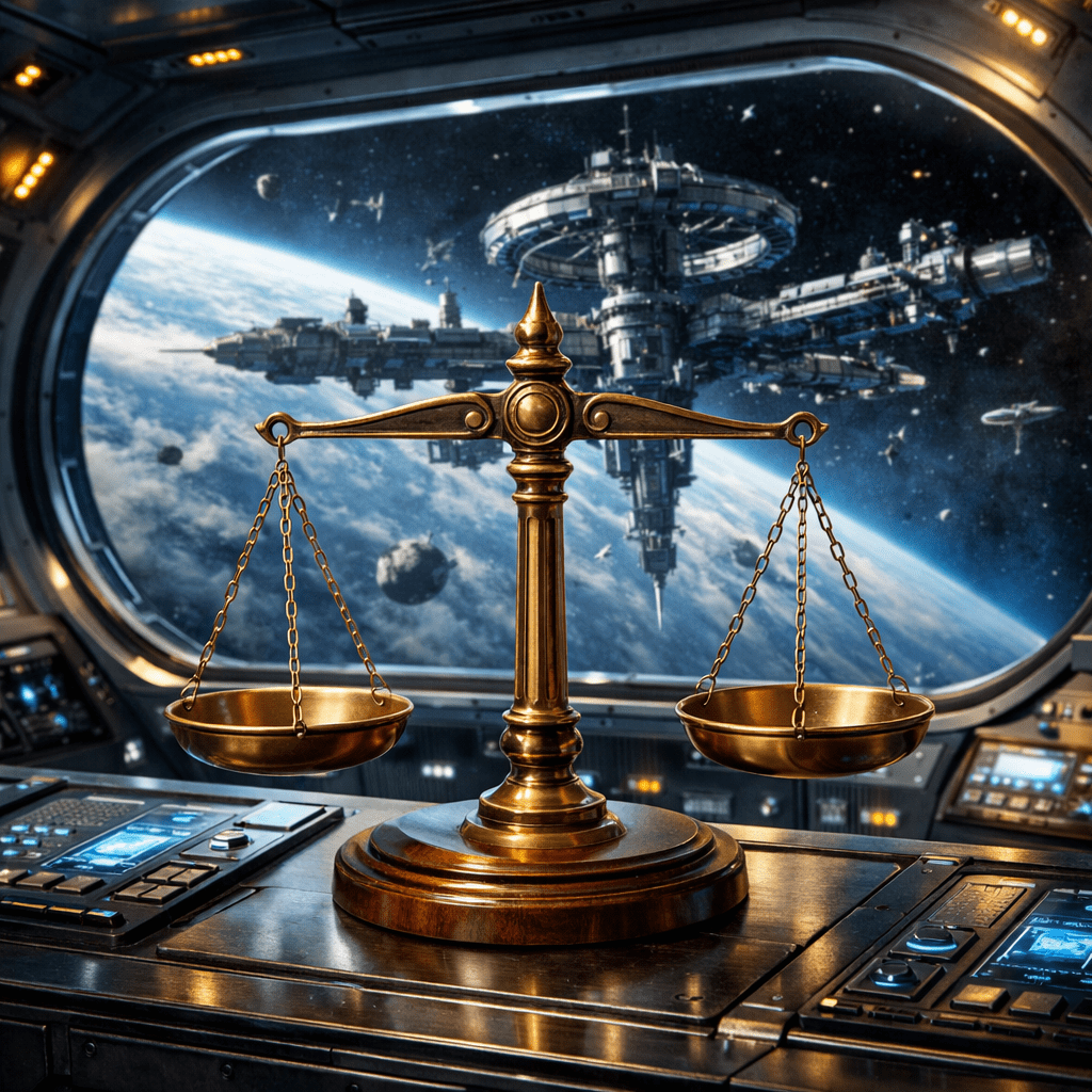 Golden scales of justice on desk inside futuristic space station overlooking Earth and orbiting spacecraft