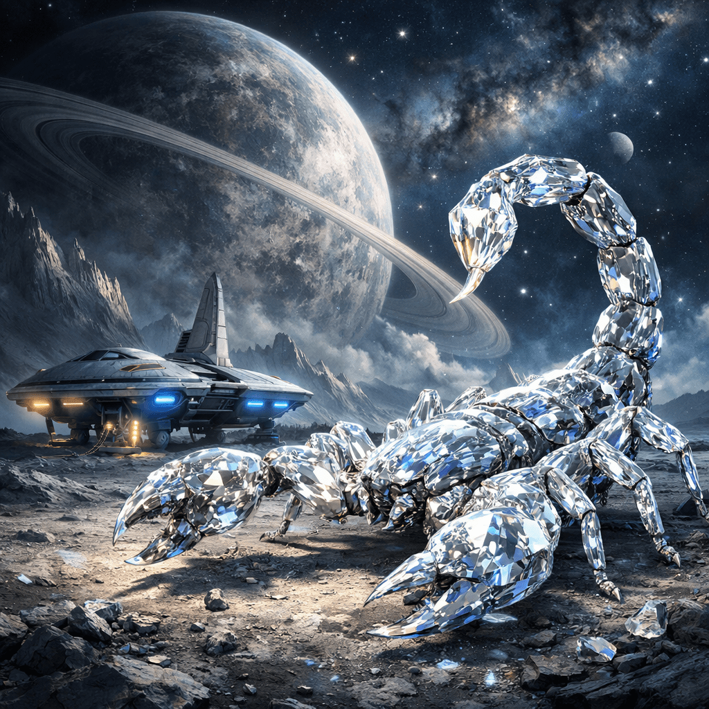 Crystal-like scorpion on rocky terrain with ringed planet and spaceship in background