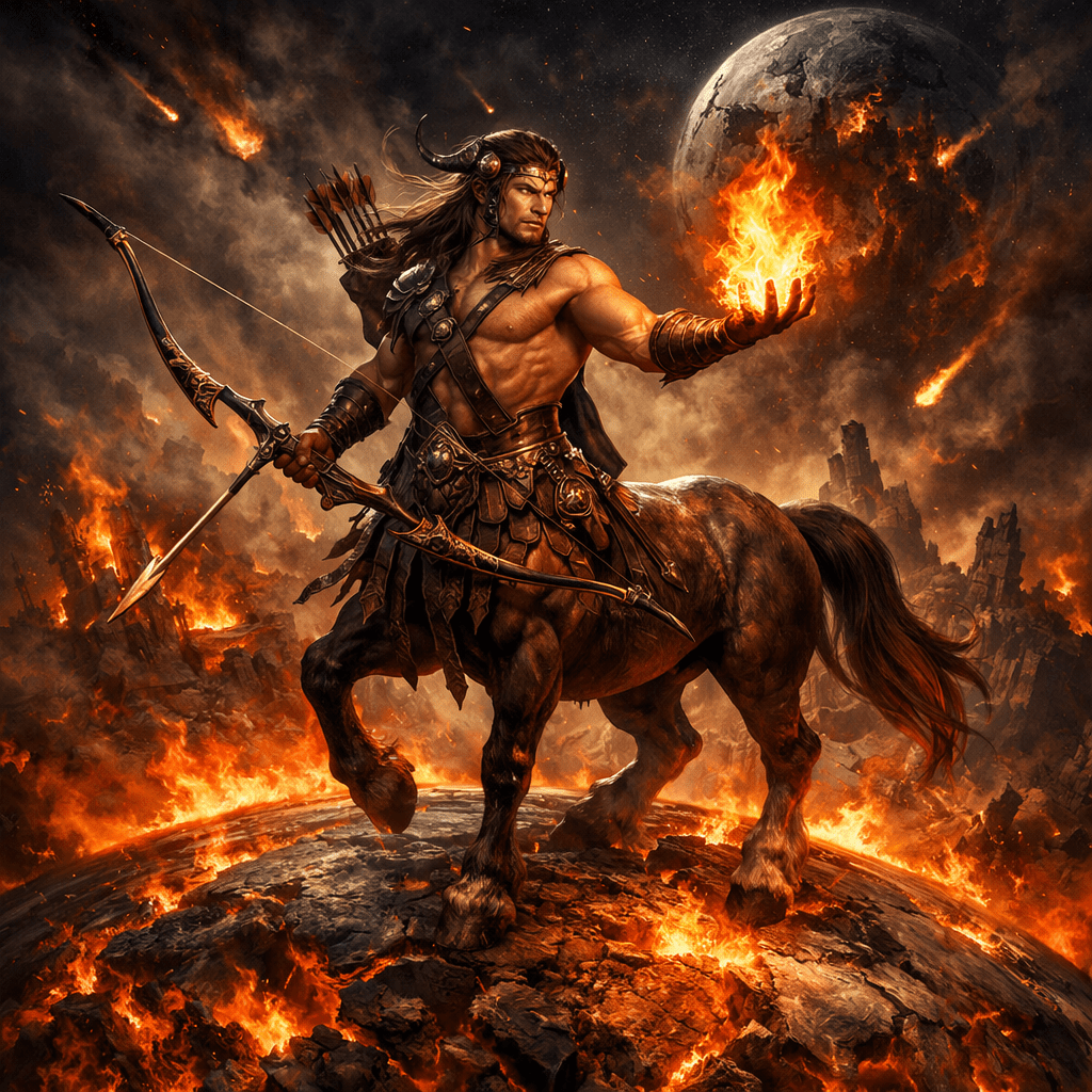 Centaur warrior with bow and flaming hand on burning rocky terrain