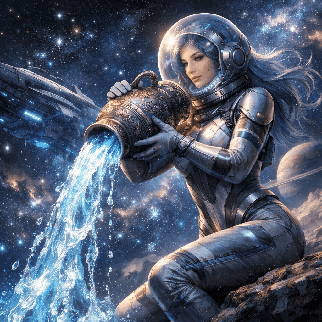 Astronaut in space suit pouring glowing blue water from an ornate vessel