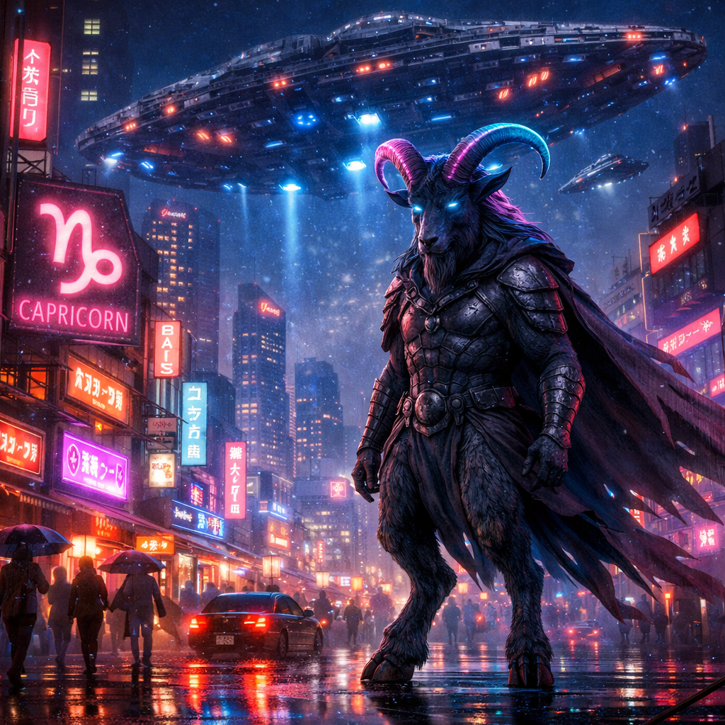 Capricorn in neon city street, spacecraft above