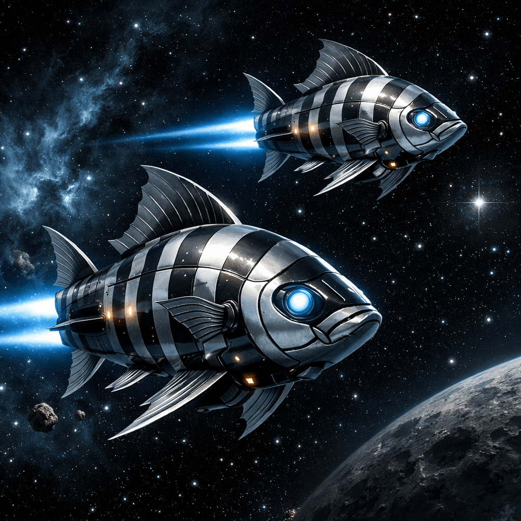 Two robotic fish-shaped spacecraft with glowing blue eyes flying in space with stars and a planet visible
