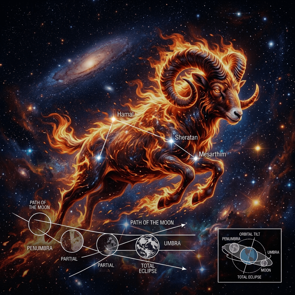 Fiery ram representing Aries constellation with stars Hamal, Sheratan, and Mesarthim labeled and diagram of lunar eclipse phases