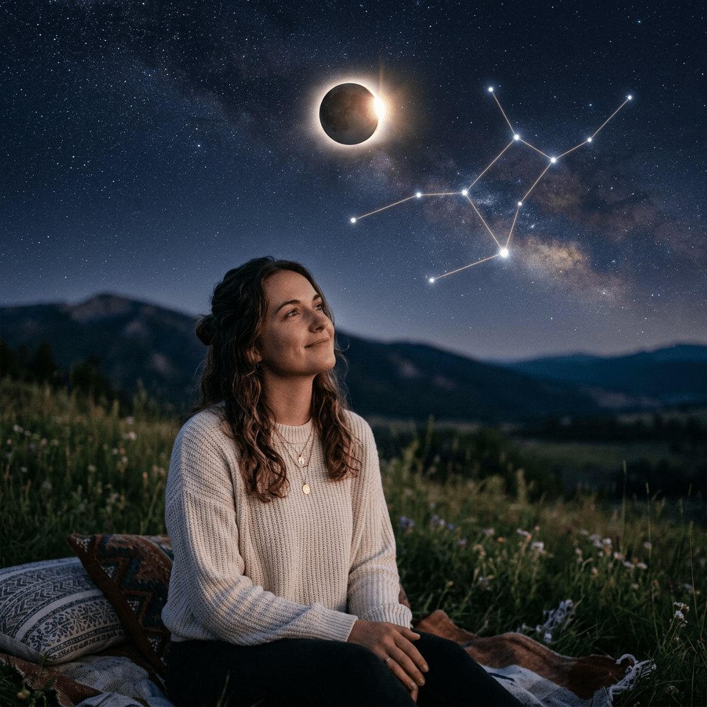 Gentle Virgo with constellation and upcoming eclipse