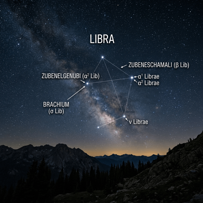 Night sky showing the Libra constellation labeled with star names against a backdrop of stars and the Milky Way