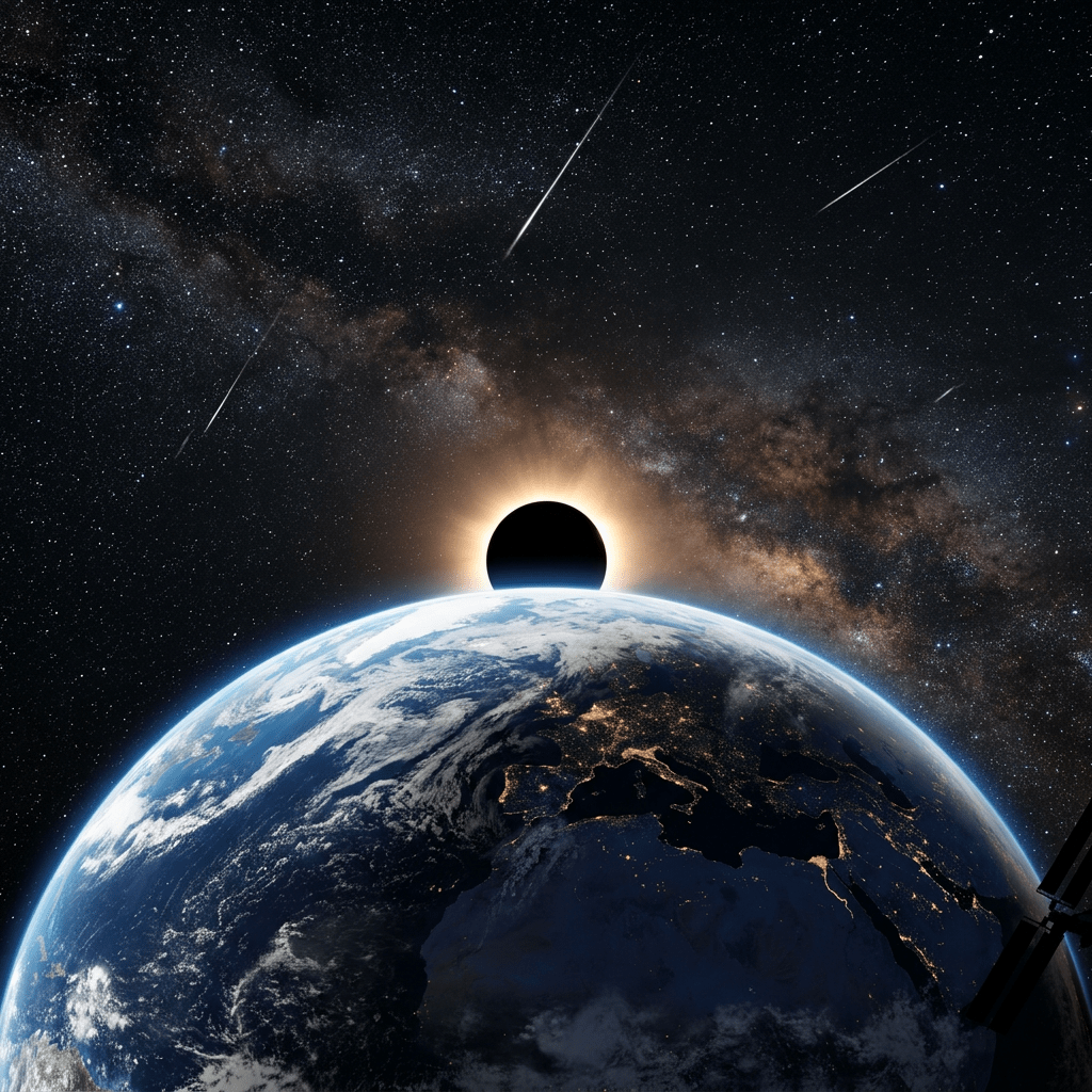 Solar eclipse above Earth with visible stars and meteor streaks