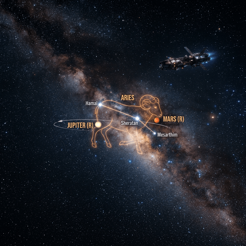 Aries constellation with stars Hamal, Sheratan, Mesarthim, and planets Jupiter and Mars labeled