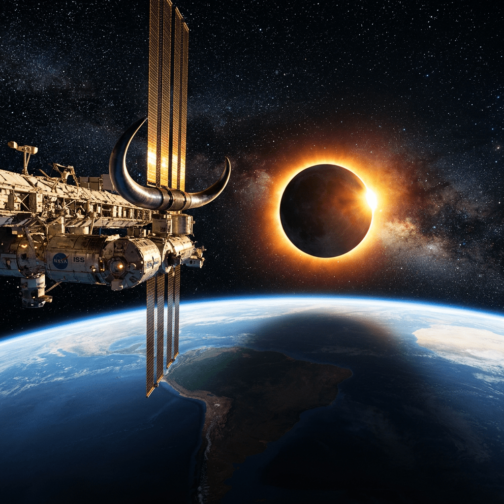 International Space Station near Earth with solar eclipse and starry sky