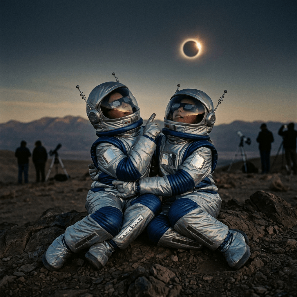 Two children in silver astronaut costumes sitting on rocks, looking at a solar eclipse.