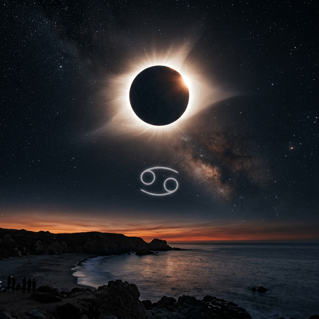 Total solar eclipse in starry night sky over ocean with Cancer zodiac symbol