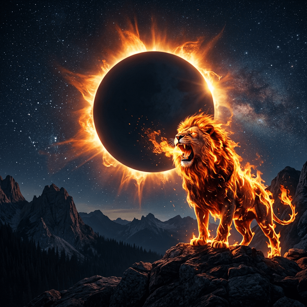 Flaming lion roaring on rocky terrain with solar eclipse and starry sky in background