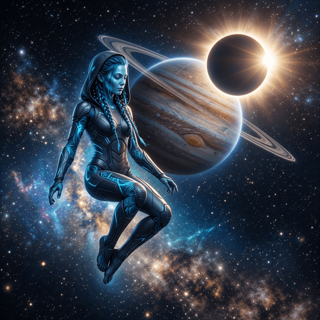 Alien creature with blue skin and braided hair kneeling and crying under a solar eclipse with a planet and rings in the background