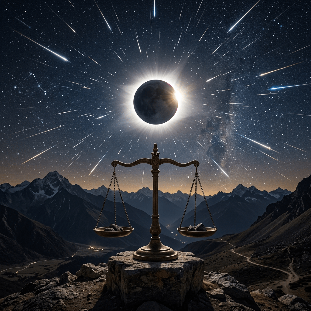 Bronze balance scale on rocky surface with solar eclipse and meteors in starry night sky