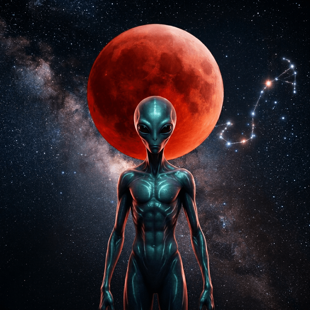 Blue-skinned alien with glowing markings and braided hair under a red moon and starry sky