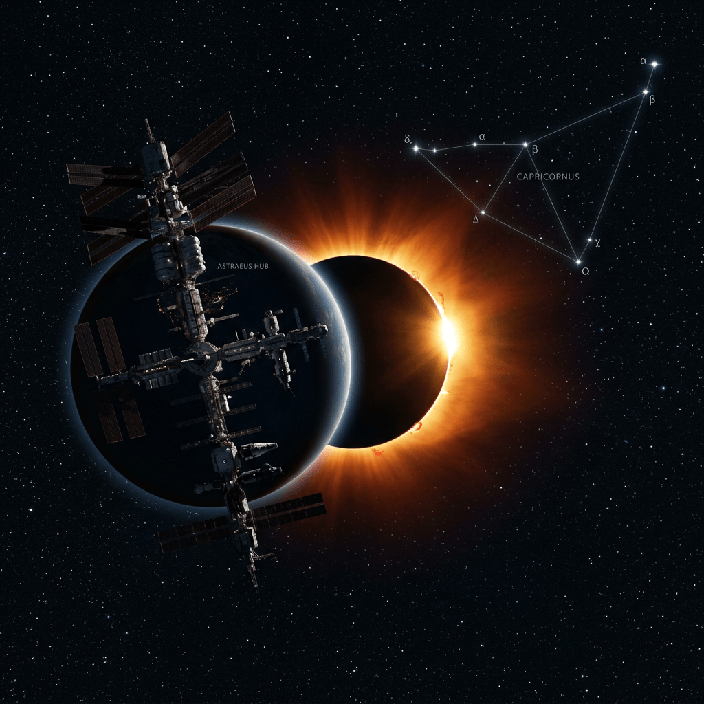 Space station labeled Astraeus Hub near solar eclipse and Capricornus constellation in starry sky