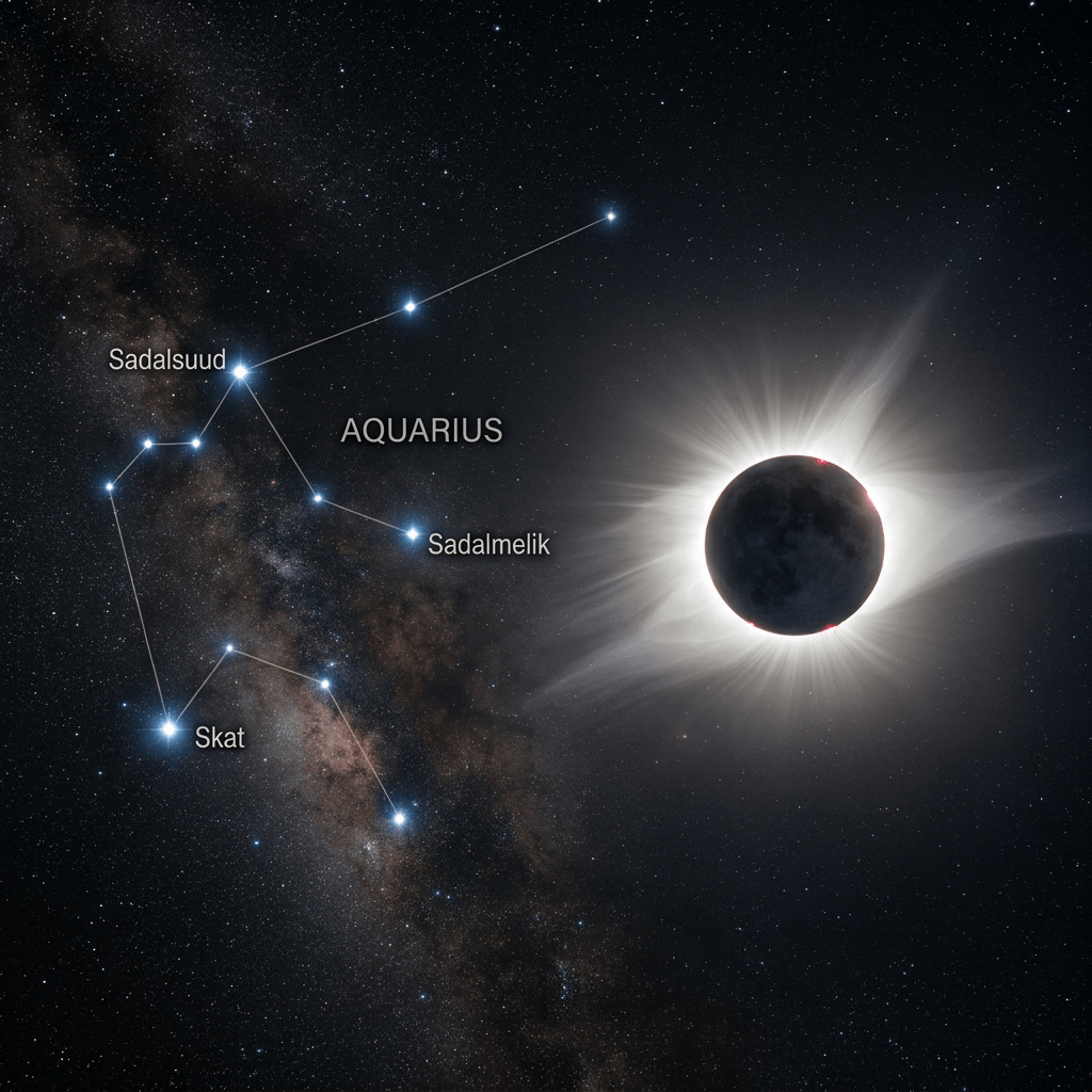 Total solar eclipse beside labeled stars of the Aquarius constellation in a starry night sky