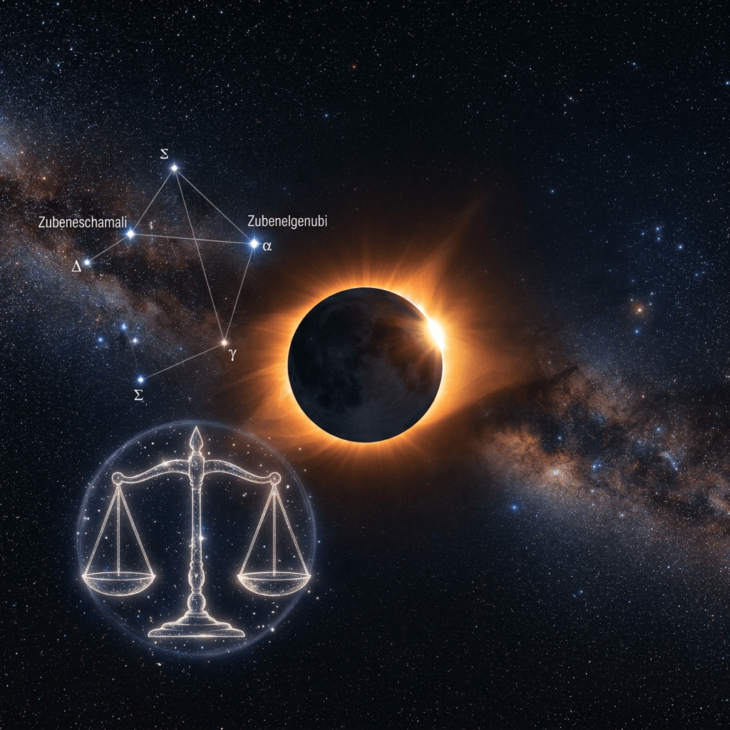 Solar eclipse with bright corona and Libra constellation stars labeled and scales symbol