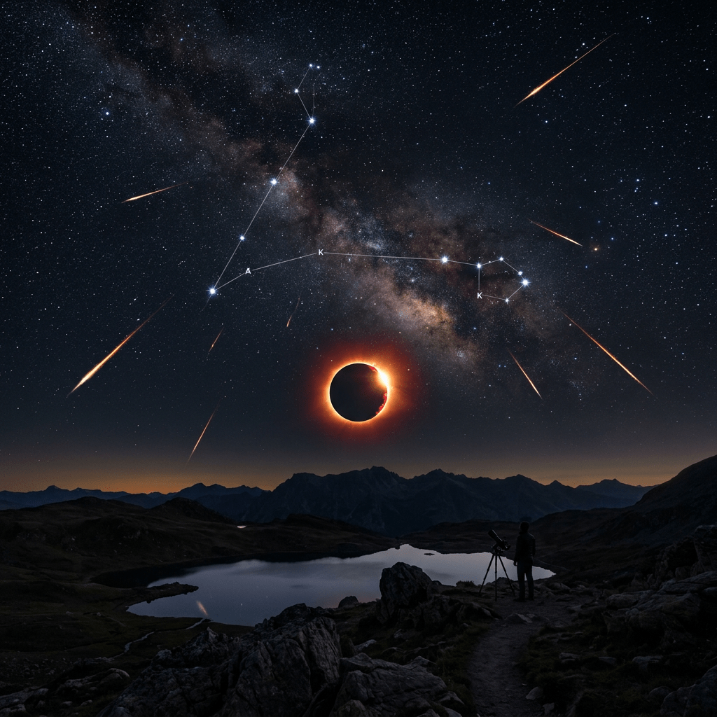 Solar eclipse with meteors and constellation over mountain landscape