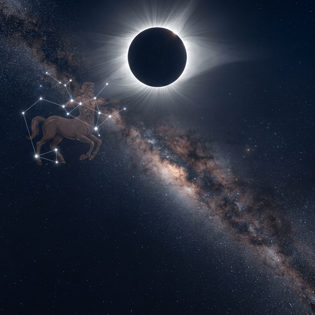 Man dressed as an archer aiming a bow and arrow during a solar eclipse at dusk