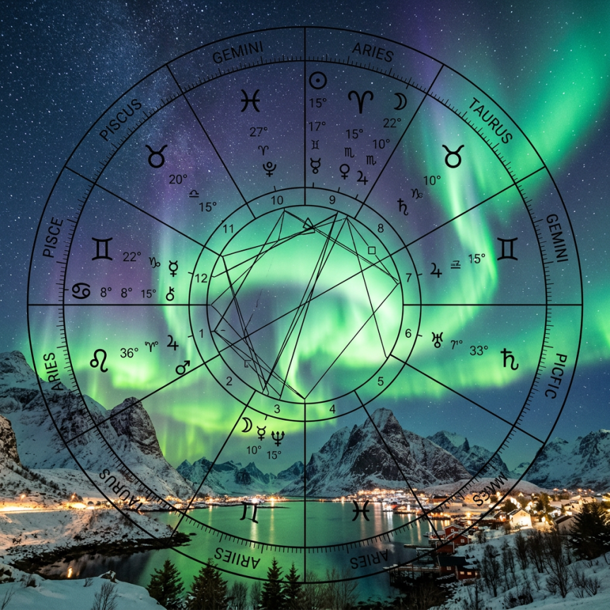 Astrological birth chart overlaid on snowy aurora mountain landscape