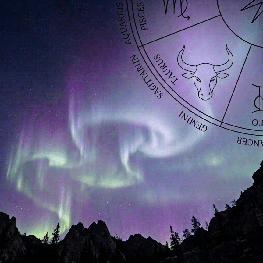 Astrological birth chart overlaid on snowy aurora mountain landscape