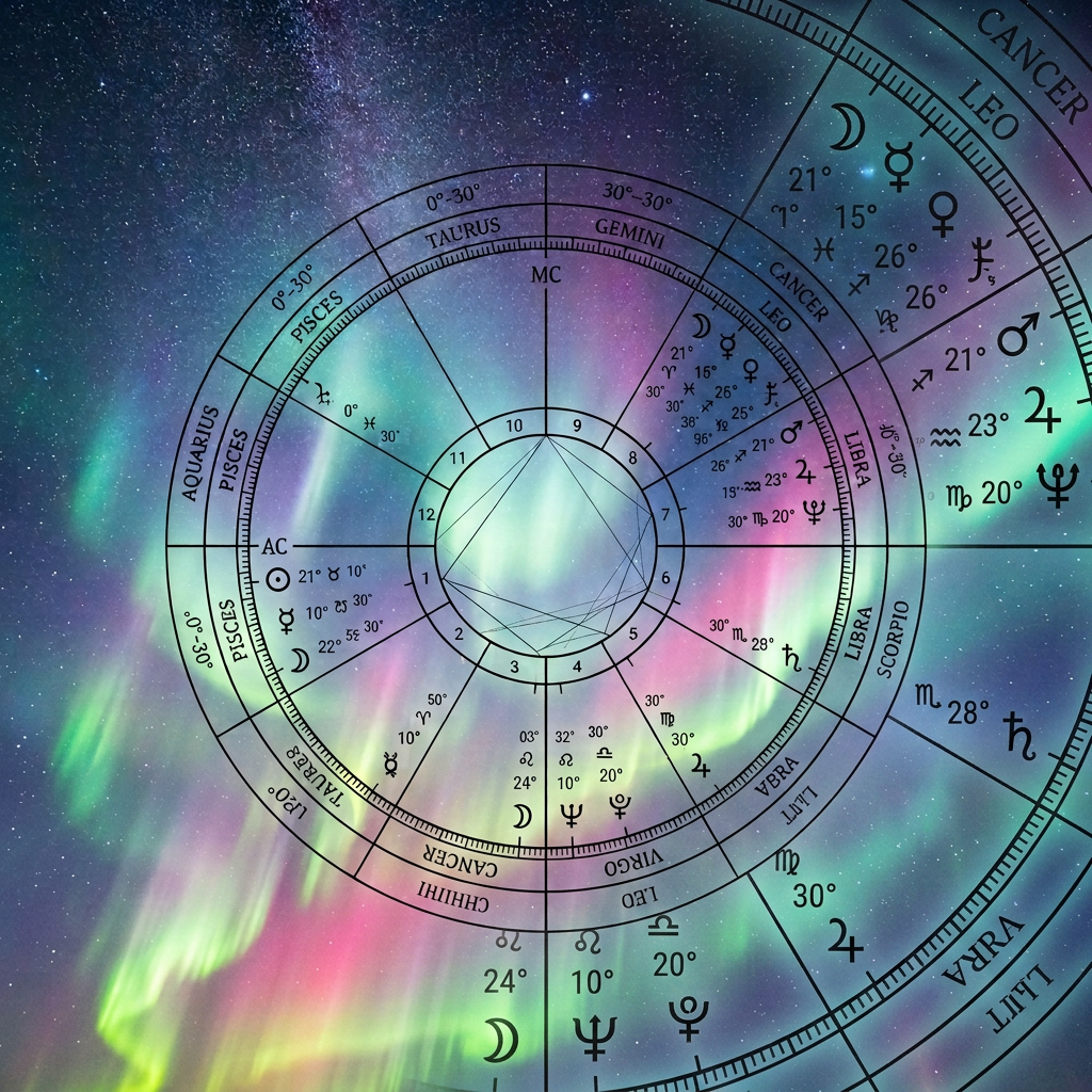 Astrological birth chart over aurora-lit mountains and coastal waters