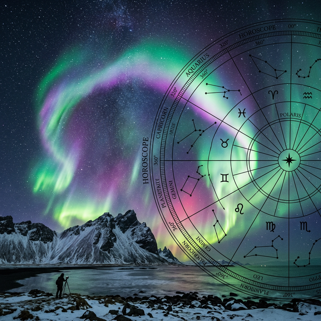 Photographer beneath colorful aurora and overlaid zodiac chart beside snowy mountains