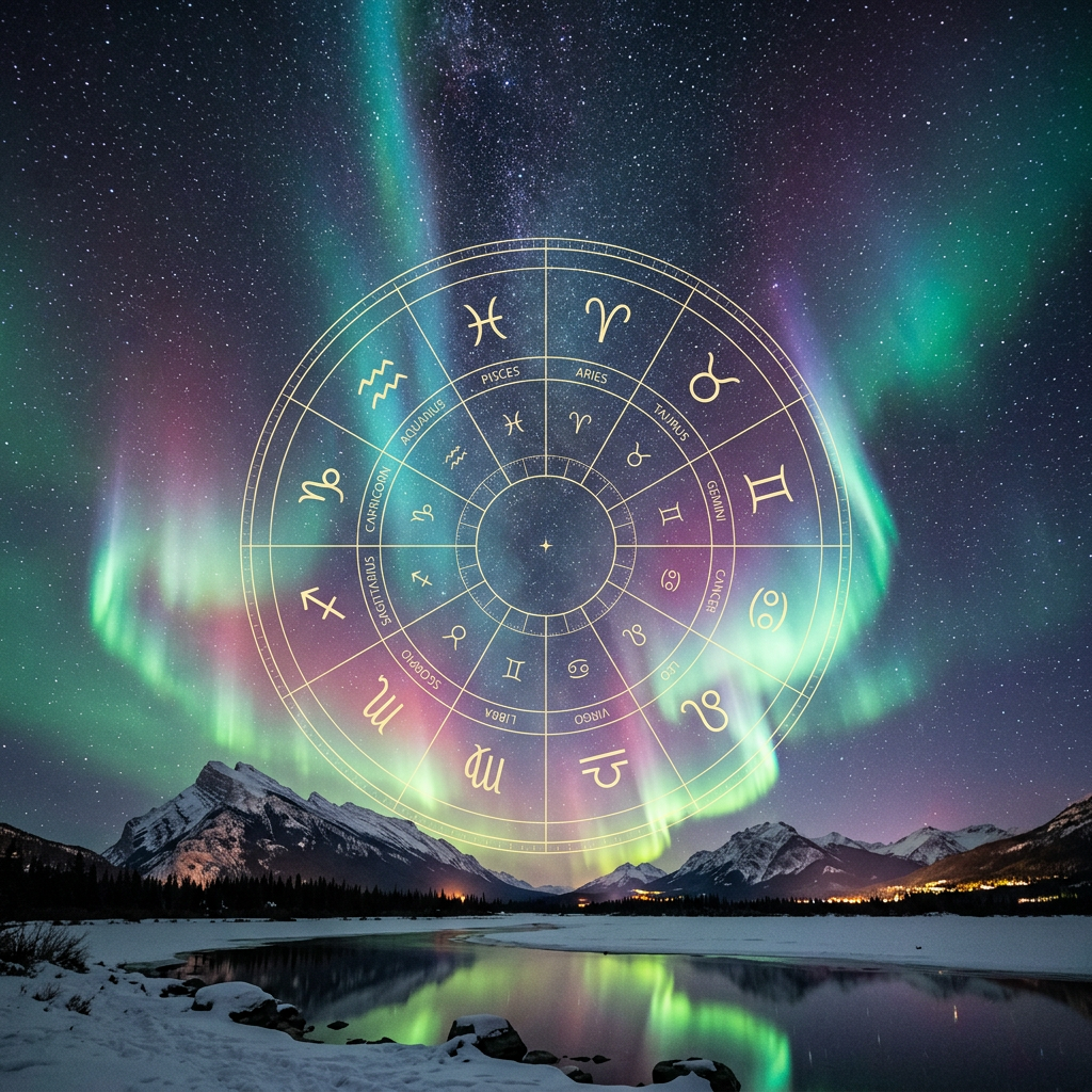 Zodiac wheel over snowy mountains and an aurora-lit lake