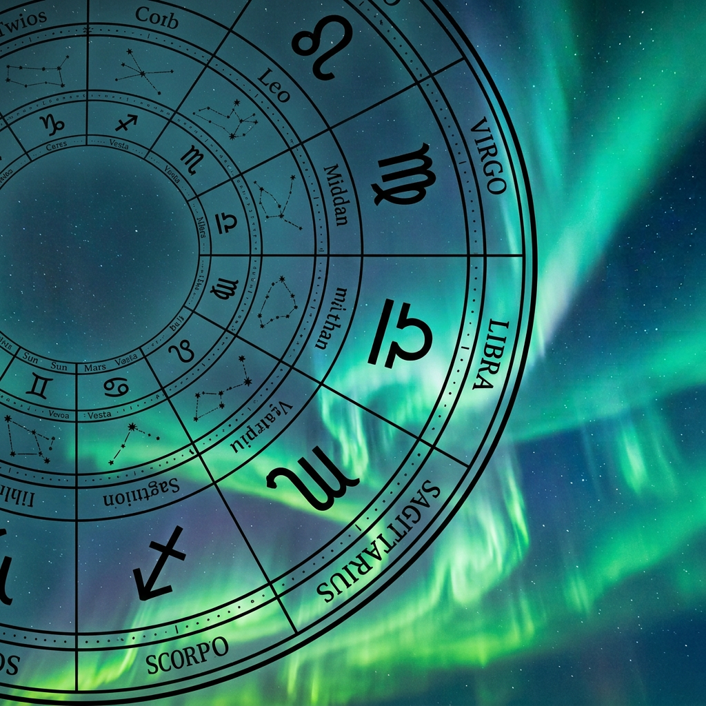 Golden zodiac wheel over a snowy lake beneath green northern lights