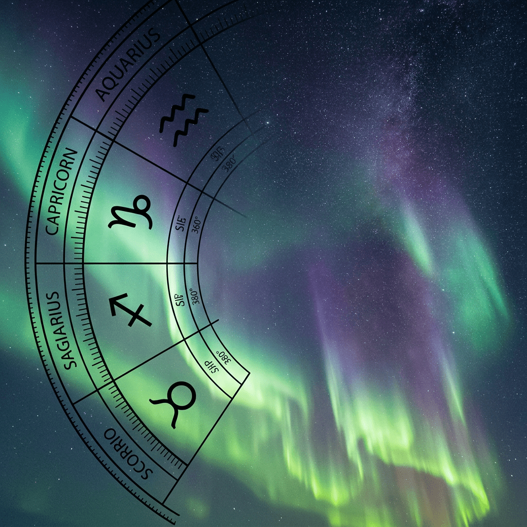 Zodiac wheel over snowy mountains and aurora-lit lake