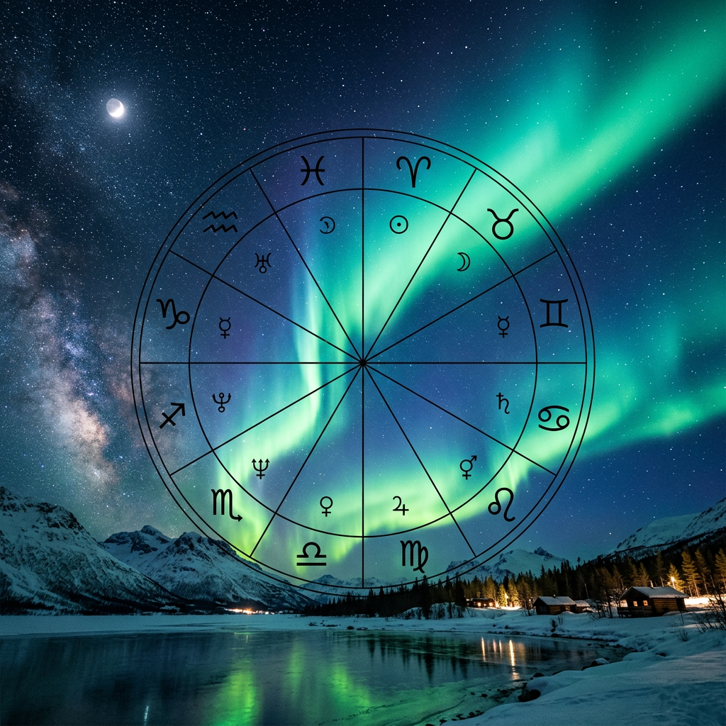 Zodiac wheel over an aurora-lit snowy mountain lake