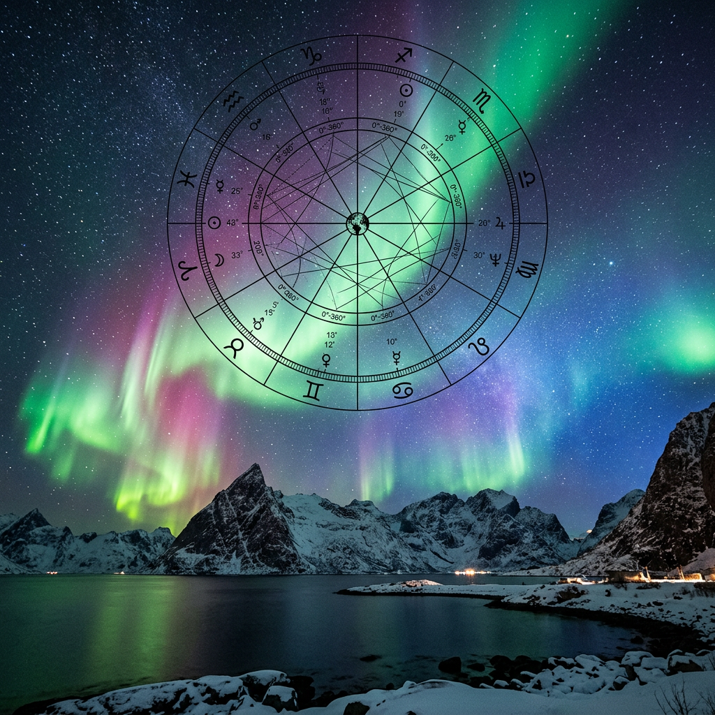 Aurora sky with partial thin black astrology wheel