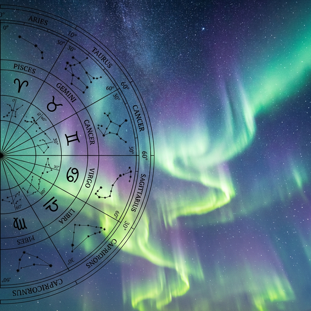 Zodiac constellation chart over snowy mountains beneath glowing northern lights
