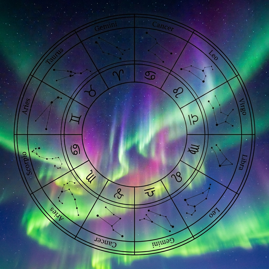 Photographer viewing aurora beneath a zodiac wheel over snowy mountains
