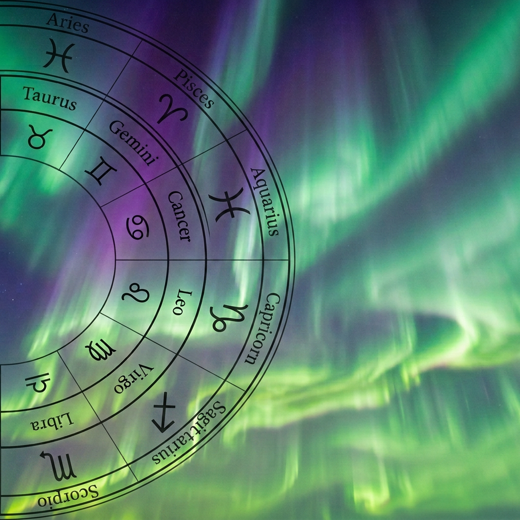 Zodiac wheel labeled Aries, Taurus, Gemini, Cancer, Leo, Virgo, Libra, Scorpio, Sagittarius, Capricorn, Capricorn, and Pisces over aurora