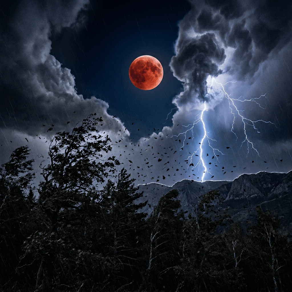 Red moon above storm clouds, lightning, mountains, and windblown trees