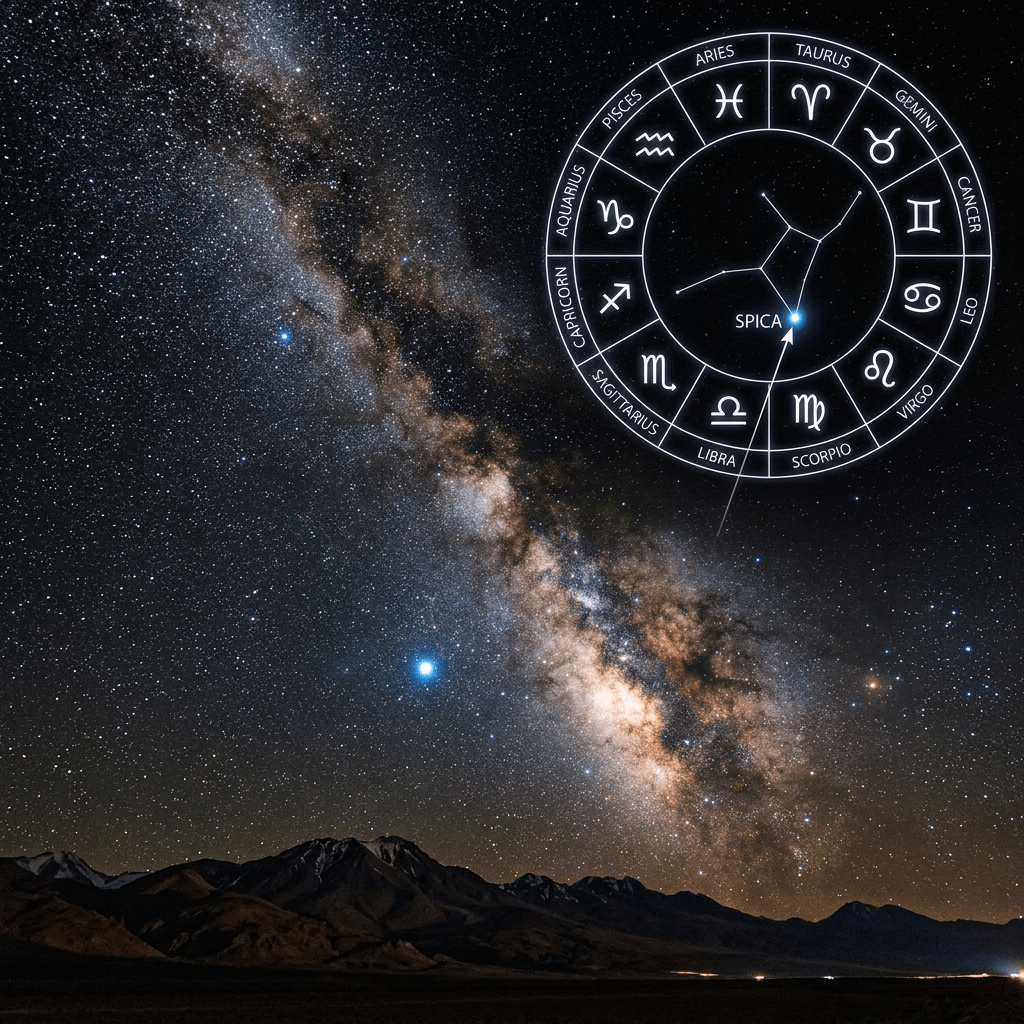 Milky Way over mountains with zodiac chart labeling Spica