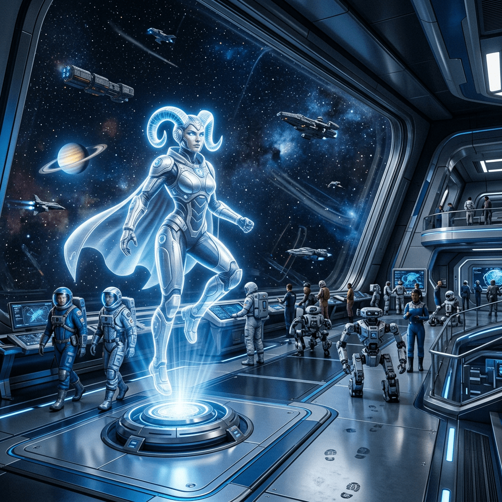 Armored female hologram displayed in a futuristic space station overlooking spacecraft