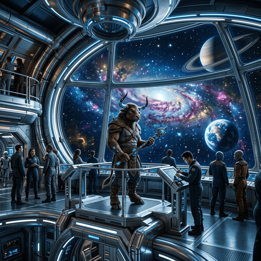 Horned alien warrior displayed in a futuristic spaceship observatory