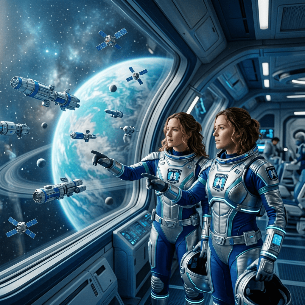 Gemini twins in spacesuits overlooking a planet