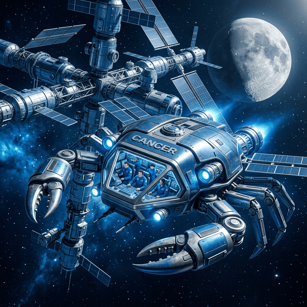 Crab-shaped spacecraft beside a space station