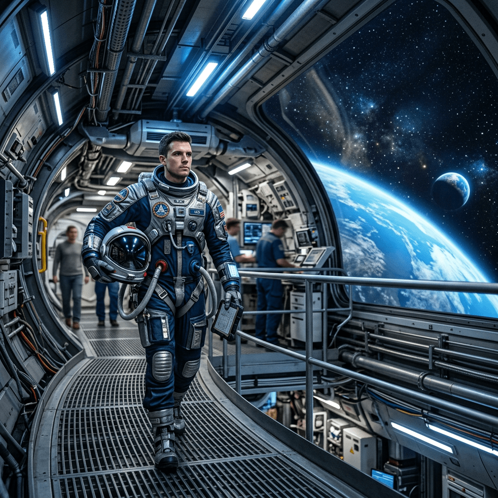 Astronaut in spacesuit walking through spacecraft overlooking Earth and planets