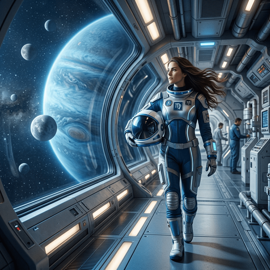 Astronaut in a spacesuit carrying a helmet inside a spacecraft