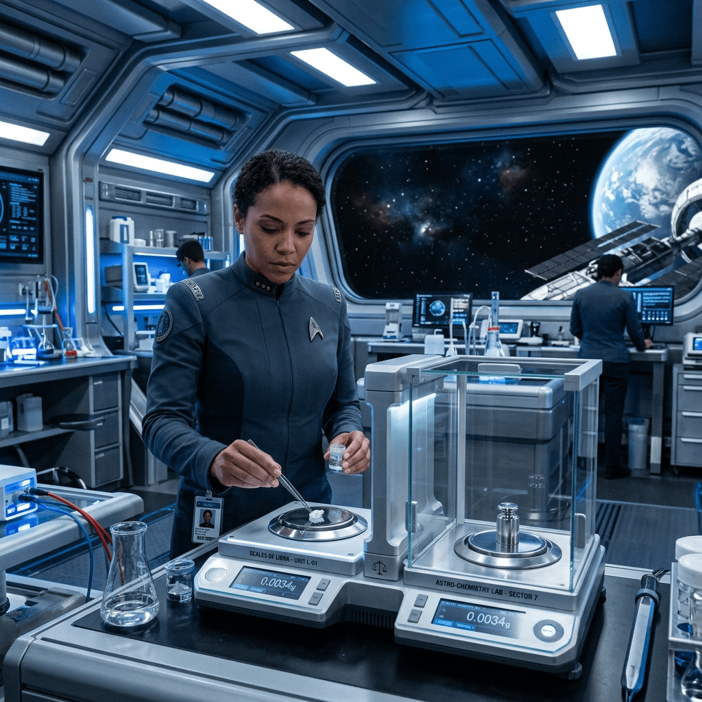 Scientist measuring a sample with precision balances in a space station laboratory