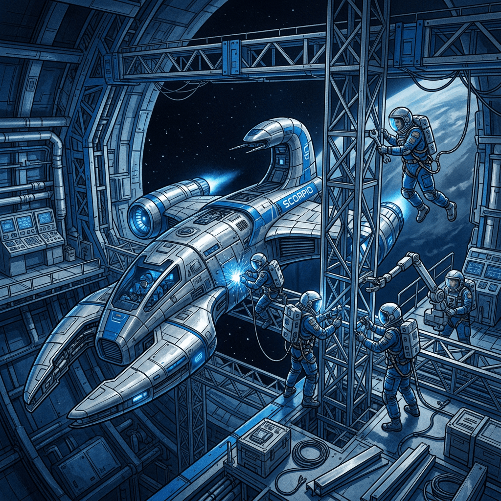 Astronauts servicing the spacecraft labeled “SCORPIO” inside an orbital station
