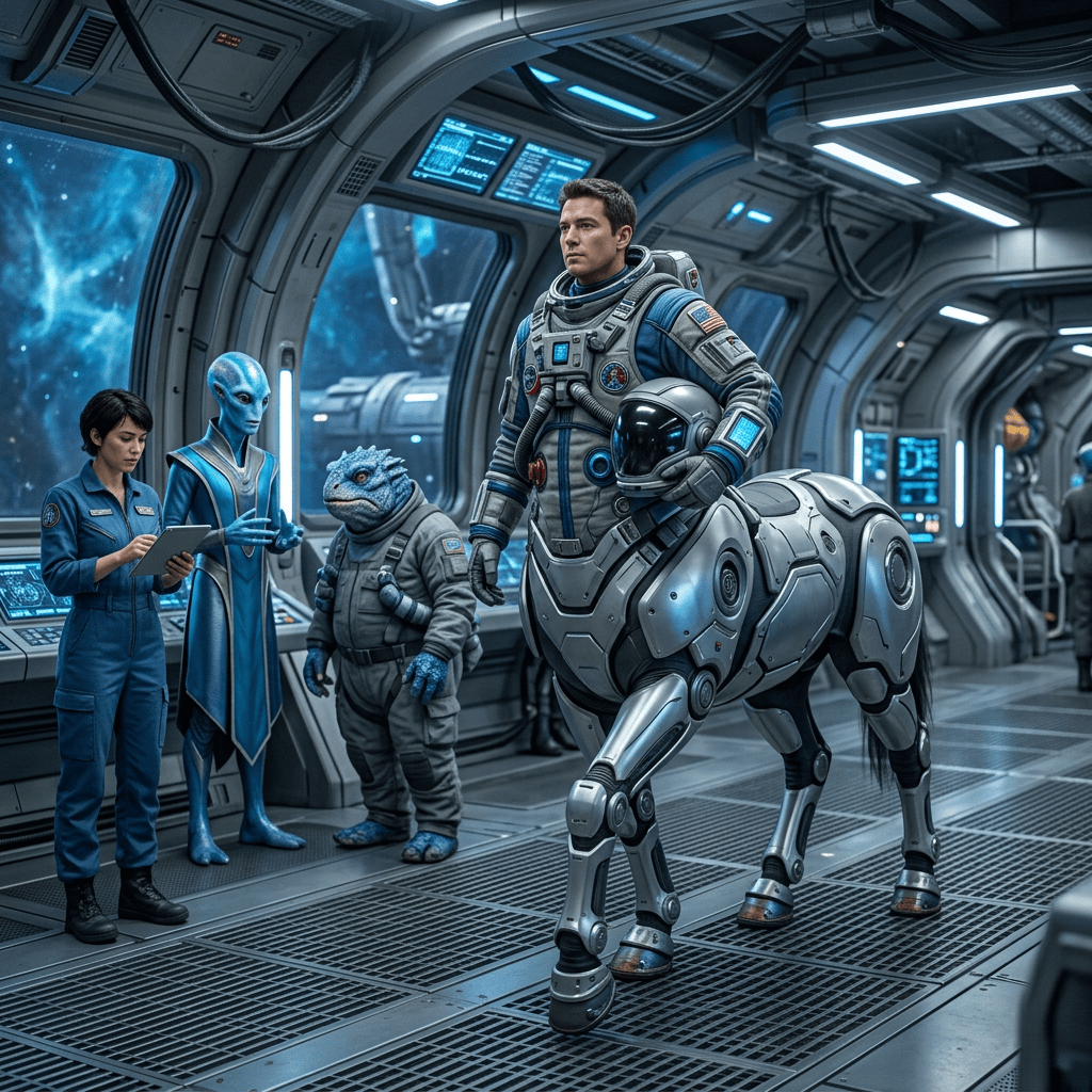 Astronaut, two aliens, and quadrupedal robot inside a futuristic spacecraft