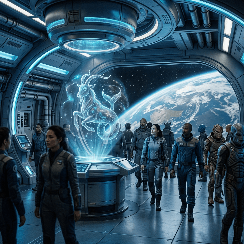 Space station crew and aliens beside a glowing sea-goat hologram overlooking Earth