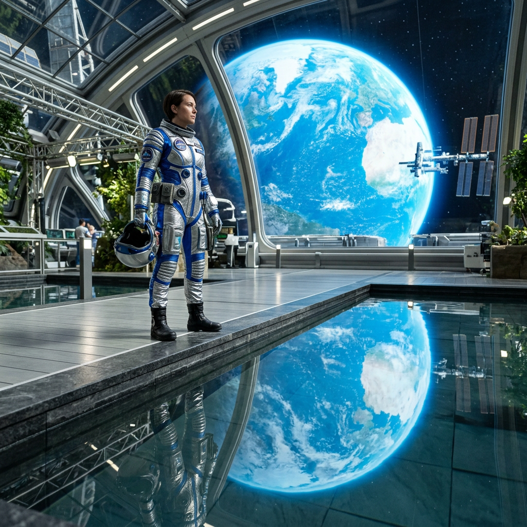 Astronaut in a futuristic space station overlooking Earth and a satellite