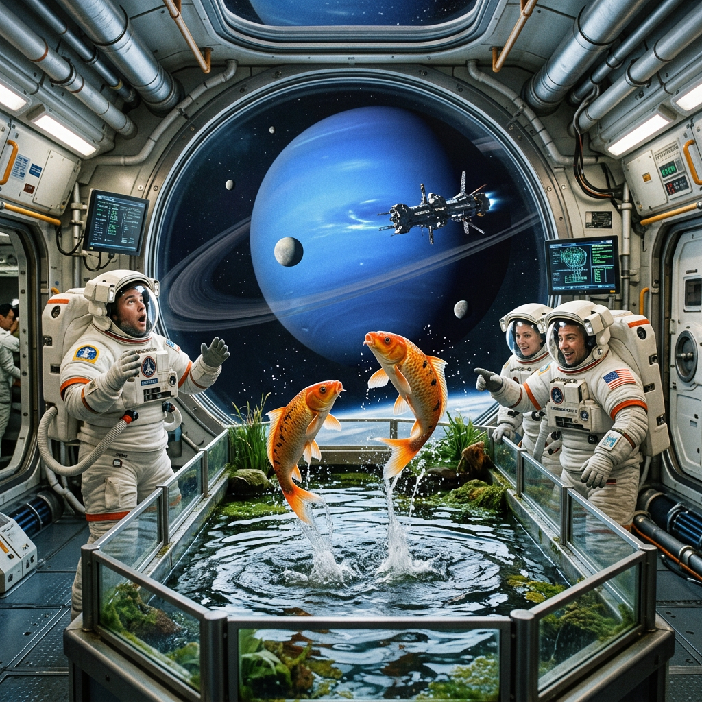 Astronauts watch koi fish leaping from an aquarium inside a spacecraft near Saturn